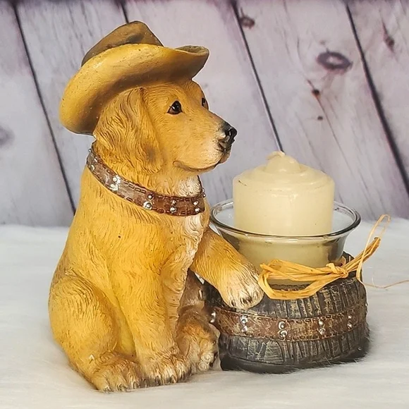 Western Cowboy Hat Yellow Labrador Retriever Dog Puppy Resin Candle Holder 6"x6" - Picture 9 of 16